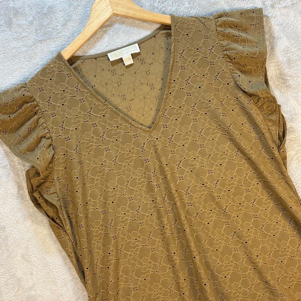 Michael Kors Women's Eyelet Ruffle‎ Sleeve V-Neck Top Olive Green Sz XL